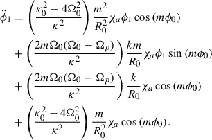 $$ \begin{aligned} \ddot{\phi }_1&=\left(\frac{\kappa _0^2-4\Omega _0^2}{\kappa ^2}\right)\frac{m^2}{R_0^2}\chi _a \phi _1\cos {(m\phi _0)}\nonumber \\&+\left(\frac{2m\Omega _0(\Omega _0-\Omega _p)}{\kappa ^2}\right)\frac{km}{R_0}\chi _a \phi _1\sin {(m\phi _0)}\nonumber \\&+\left(\frac{2m\Omega _0(\Omega _0-\Omega _p)}{\kappa ^2}\right)\frac{k}{R_0}\chi _a \cos {(m\phi _0)}\nonumber \\&+\left(\frac{\kappa _0^2-4\Omega _0^2}{\kappa ^2}\right)\frac{m}{R_0^2}\chi _a \cos {(m\phi _0)}. \end{aligned} $$