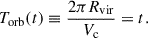 $$ \begin{aligned} T_{\mathrm{orb} }(t)\equiv \frac{2\pi R_{\mathrm{vir} }}{V_{\mathrm{c} }}= t.\end{aligned} $$