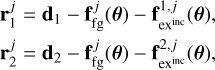 $\[\begin{aligned}& \mathbf{r}_1^j=\mathbf{d}_1-\mathbf{f}_{\mathrm{fg}}^j(\boldsymbol{\theta})-\mathbf{f}_{\mathrm{ex}}^{1, j}(\boldsymbol{\theta}), \\& \mathbf{r}_2^j=\mathbf{d}_2-\mathbf{f}_{\mathrm{fg}}^j(\boldsymbol{\theta})-\mathbf{f}_{\mathrm{ex}}^{2, j}(\boldsymbol{\theta}),\end{aligned}\]$