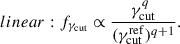 $$ \begin{aligned} {linear}: {f_{\gamma _{\rm cut}}} \propto \frac{\gamma _{\rm cut}^{q}}{(\gamma _{\mathrm{cut}}^\mathrm{ref})^{q+1}}. \end{aligned} $$