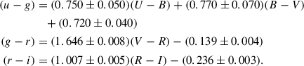 $$ \begin{aligned} (u-g)&= (0.750 \pm 0.050)(U-B) + (0.770 \pm 0.070)(B-V) \nonumber \\&\quad + (0.720 \pm 0.040) \\ (g-r)&= (1.646 \pm 0.008)(V-R) - (0.139 \pm 0.004) \\ (r-i)&= (1.007 \pm 0.005)(R-I) - (0.236 \pm 0.003). \end{aligned} $$