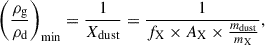 $$ \begin{aligned} \left(\frac{\rho _{\mathrm{g} }}{\rho _{\mathrm{d} }}\right)_{\mathrm{min} } = \frac{1}{X_{\mathrm{dust} }} = \frac{1}{f_{\mathrm{X} } \times A_{\mathrm{X} } \times \frac{m_{\mathrm{dust} }}{m_{\mathrm{X} }}}, \end{aligned} $$