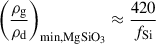 $$ \begin{aligned} \left(\frac{\rho _{\mathrm{g} }}{\rho _{\mathrm{d} }}\right)_{\mathrm{min, MgSiO_3} }&\approx \frac{420}{f_{\mathrm{Si} }} \end{aligned} $$