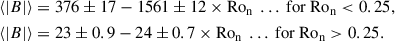 $$ \begin{aligned} \langle |B|\rangle&= 376 \pm 17 - 1561 \pm 12 \times \mathrm{Ro_n} \ \ldots \ \mathrm{for} \ \mathrm{Ro_n} < 0.25, \nonumber \\ \langle |B|\rangle&= 23 \pm 0.9 - 24 \pm 0.7 \times \mathrm{Ro_n} \ \ldots \ \mathrm{for} \ \mathrm{Ro_n} >0.25. \end{aligned} $$