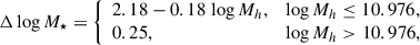 $$ \begin{aligned} \Delta \log M_\star = {\left\{ \begin{array}{ll} 2.18 - 0.18\, \log M_h ,&\log M_h \le 10.976,\\ 0.25,&\log M_h > 10.976, \end{array}\right.} \end{aligned} $$