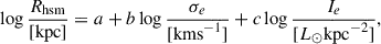 $$ \begin{aligned} \log \frac{R_{\rm hsm}}{[\mathrm{kpc} ]} = a + b \log \frac{\sigma _e}{[\mathrm {km s}^{-1} ]} +c\log \frac{I_e}{[L_{\odot }\mathrm {kpc}^{-2} ]}, \end{aligned} $$