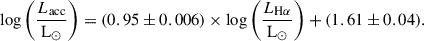 $$ \begin{aligned} \log \left( \dfrac{L_{\rm acc}}{\mathrm{L}_\odot } \right) = (0.95\pm 0.006)\times \log \left(\dfrac{L_{\mathrm{H}\alpha }}{\mathrm{L}_\odot }\right) + (1.61\pm 0.04). \end{aligned} $$