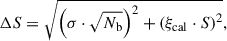 $$ \begin{aligned} \Delta S= \sqrt{ \left( \sigma \cdot \sqrt{N_{\rm b}} \right)^2 + \left( \xi _{\rm cal} \cdot S \right) ^2}, \; \; \; \end{aligned} $$