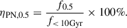 $$ \begin{aligned} \eta _{\mathrm{PN}, 0.5} = \frac{f_{0.5}}{f_{< \,10 \mathrm{Gyr} }} \times 100\%. \end{aligned} $$