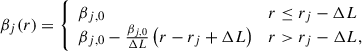$$ \begin{aligned} \beta _j(r)=\left\{ \begin{array}{ll} \beta _{j,0}&r \le r_{j}-\Delta L \\ \beta _{j,0} - \frac{\beta _{j,0}}{\Delta L} \left(r-r_{j}+\Delta L\right)&r> r_{j}-\Delta L, \end{array} \right. \end{aligned} $$