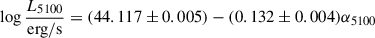 $ \log{\frac{L_{5100}}{\mathrm{erg/s}}}=(44.117\pm0.005)-(0.132\pm0.004)\alpha_{5100} $