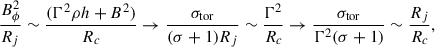 $$ \begin{aligned} \frac{B_{\phi }^2}{R_j} \sim \frac{(\Gamma ^2\rho h +B^2)}{R_c} \rightarrow \frac{\sigma _{\mathrm{tor} }}{(\sigma +1) R_j} \sim \frac{\Gamma ^2}{R_c} \rightarrow \frac{\sigma _{\mathrm{tor} }}{\Gamma ^2(\sigma +1)} \sim \frac{R_j}{R_c}, \end{aligned} $$