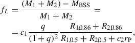 $$ \begin{aligned} f_L&= \frac{(M_1+M_2)-M_\mathrm{BSS} }{M_1+M_2} = \nonumber \\&= c_1\frac{q}{(1+q)^2}\frac{R_{1,0.86}+R_{2,0.86}}{R_{1,0.5}+R_{2,0.5}+c_2r_\mathrm{P} }, \end{aligned} $$