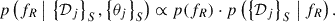 $$ \begin{aligned} p \left( {f_R}\, \big \vert \, \left\{ \mathcal{D} _j \right\} _S, \left\{ \theta _j \right\} _S \right) \propto p({f_R}) \cdot p \left( \left\{ \mathcal{D} _j \right\} _S\, \big \vert \, {f_R} \right). \end{aligned} $$