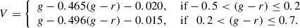 Mathematical equation: $$ \begin{aligned} V = {\left\{ \begin{array}{ll} g - 0.465(g - r) - 0.020,&\text{ if} -0.5 < (g - r) \le 0.2 \\ g - 0.496(g - r) - 0.015,&\text{ if} \quad 0.2 < (g - r) \le 0.7. \end{array}\right.} \end{aligned} $$