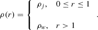 Mathematical equation: $$ \begin{aligned}&\rho ( r ) = \left\{ \begin{array}{ll} \rho _j, &0 \le r \le 1 \\ \\ \rho _w,&r > 1 \end{array} \right.. \end{aligned} $$