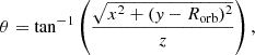 Mathematical equation: $$ \begin{aligned}&\theta = \tan ^{-1} \left( \frac{\sqrt{x^2 + ( y - R_{\rm orb} )^2}}{z} \right), \end{aligned} $$