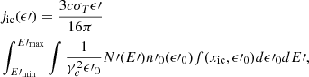 Mathematical equation: $$ \begin{aligned}&j_{\rm ic} ( \epsilon \prime ) = \frac{3 c \sigma _T \epsilon \prime }{16 \pi } \nonumber \\&\int _{E\prime _{\min }}^{E\prime _{\max }} \int \frac{1}{\gamma _e^2 \epsilon \prime _0} N\prime ( E\prime ) n\prime _0 ( \epsilon \prime _0 ) f ( x_{\rm ic}, \epsilon \prime _0 ) d \epsilon \prime _0 d E\prime , \end{aligned} $$