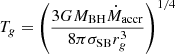 Mathematical equation: $$ \begin{aligned} T_g = \left( \frac{3 G M_{\rm BH} \dot{M}_{\rm accr}}{8 \pi \sigma _{\rm SB} r_g^3} \right)^{1 / 4} \end{aligned} $$