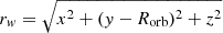 Mathematical equation: $ r_w = \sqrt{x^2 + ( y - R_{\mathrm{orb}} )^2 + z^2} $