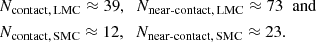 $$ \begin{aligned}&N_{\rm contact,\,LMC}\approx 39,\;\; N_{\rm near\text{-}contact,\,LMC} \approx 73 \;\; \mathrm{and}\\&N_{\rm contact,\,SMC} \approx 12,\;\; N_{\rm near\text{-}contact,\,SMC}\approx 23. \\ \end{aligned} $$