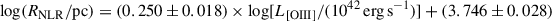 $ \log (R_{\mathrm{NLR}}/\mathrm{pc}) = (0.250 \pm 0.018)\times \log [L_{[\rm OIII]}/(10^{42}\,\mathrm{erg\,s^{-1}})] + (3.746 \pm 0.028) $