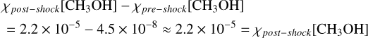 $\eqalign{ & {\chi _{post - shock}}\left[ {{\rm{C}}{{\rm{H}}_{\rm{3}}}{\rm{OH}}} \right] - {\chi _{pre - shock}}\left[ {{\rm{C}}{{\rm{H}}_{\rm{3}}}{\rm{OH}}} \right] \cr & = 2.2 \times {10^{ - 5}} - 4.5 \times {10^{ - 8}} \approx 2.2 \times {10^{ - 5}} = {\chi _{post - shock}}\left[ {{\rm{C}}{{\rm{H}}_{\rm{3}}}{\rm{OH}}} \right] \cr} $
