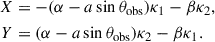 $$ \begin{aligned} X&= - (\alpha -a \sin \theta _\mathrm{obs} )\kappa _1 - \beta \kappa _2, \nonumber \\ Y&= (\alpha -a \sin \theta _\mathrm{obs} )\kappa _2 - \beta \kappa _1 . \end{aligned} $$