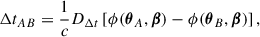 $$ \begin{aligned} \Delta t_{AB} = \frac{1}{c}D_{\Delta t}\left[\phi (\boldsymbol{\theta }_A, \boldsymbol{\beta }) - \phi (\boldsymbol{\theta }_B,\boldsymbol{\beta })\right], \end{aligned} $$