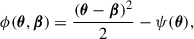 $$ \begin{aligned} \phi (\boldsymbol{\theta }, \boldsymbol{\beta }) = \frac{(\boldsymbol{\theta }- \boldsymbol{\beta })^2}{2} - \psi (\boldsymbol{\theta }), \end{aligned} $$