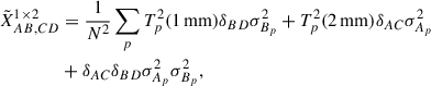 $$ \begin{aligned} \tilde{X}^{1\times 2}_{AB,CD}&= \frac{1}{N^2}\sum _p T_p^2(1\,\mathrm{mm}) \delta _{BD}\sigma _{B_p}^2 + T^2_p(2\,\mathrm{mm})\delta _{AC}\sigma _{A_p}^2 \nonumber \\&+ \delta _{AC}\delta _{BD}\sigma _{A_p}^2\sigma _{B_p}^2 ,\end{aligned} $$