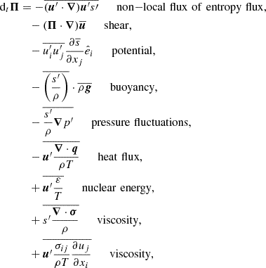 $$ \begin{aligned} \text{ d}_t\boldsymbol{\Pi }&=-\overline{(\boldsymbol{u}^{\prime }\cdot \boldsymbol{\nabla })\boldsymbol{u}^{\prime }s\prime }\qquad \mathrm{non{-}local \,\,flux\,\,of\,\,entropy\,\,flux,}\nonumber \\ \ &\quad -(\boldsymbol{\Pi }\cdot \boldsymbol{\nabla })\overline{\boldsymbol{u}}\qquad \mathrm{shear,}\nonumber \\ \ &\quad -\overline{u_{i}^{\prime }u_j^\prime }\frac{\partial \overline{s}}{\partial x_j}\hat{e}_i\qquad \mathrm{potential,}\nonumber \\ \ &\quad -\overline{\left(\frac{s^{\prime }}{\rho }\right)}\cdot \overline{\rho \boldsymbol{g}}\qquad \mathrm{buoyancy,}\nonumber \\ \ &\quad -\overline{\frac{s^{\prime }}{\rho }\boldsymbol{\nabla }p^{\prime }}\qquad \mathrm{pressure\,\,fluctuations,}\nonumber \\ \ &\quad -\overline{\boldsymbol{u}^{\prime }\frac{\boldsymbol{\nabla }\cdot \boldsymbol{q}}{\rho T}}\qquad \mathrm{heat\,\,flux,}\nonumber \\ \ &\quad +\overline{\boldsymbol{u}^{\prime }\frac{\varepsilon }{T}}\qquad \mathrm{nuclear\,\,energy,}\nonumber \\ \ &\quad +\overline{s^{\prime }\frac{\boldsymbol{\nabla }\cdot \boldsymbol{\sigma }}{\rho }}\qquad \mathrm{viscosity,}\nonumber \\ \ &\quad +\overline{\boldsymbol{u}^{\prime }\frac{\sigma _{ij}}{\rho T}\frac{\partial u_j}{\partial x_i}}\qquad \mathrm{viscosity,} \end{aligned} $$