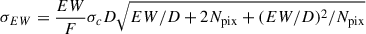 $$ \begin{aligned} \sigma _{EW}=\frac{EW}{F}\sigma _c D \sqrt{ EW/D + 2N_{\rm {pix}} + (EW/D)^2/N_{\rm {pix}} } \end{aligned} $$