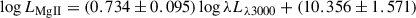 $$ \begin{aligned} \log {L_{\rm {MgII}}} = (0.734\pm 0.095)\log {\lambda L_{\lambda 3000}} + (10.356\pm 1.571) \end{aligned} $$