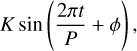 $\[K \sin \left(\frac{2 \pi t}{P}+\phi\right),\]$