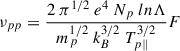 Mathematical equation: $$ \begin{aligned} \nu _{pp} = \frac{ 2 \ \pi ^{1/2} \ e^4 \ N_p \ ln \Lambda }{ m_p^{1/2} \ k_B^{3/2} \ T_{p\parallel }^{3/2} } F \end{aligned} $$