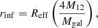 $$ \begin{aligned} r_{\rm {inf}}=R_{\rm {eff}}\left(\frac{4M_{\rm 12}}{M_{\rm {gal}}}\right), \end{aligned} $$