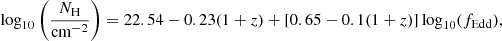$$ \begin{aligned} \log _{10}\left(\frac{N_{\rm H}}{\mathrm{{cm}^{-2}}}\right) = 22.54-0.23(1+z)+[0.65-0.1(1+z)]\log _{10}(f_{\rm {Edd}}), \end{aligned} $$
