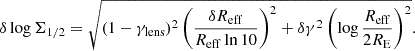 $$ \begin{aligned} \delta \log \Sigma _{1/2} = \sqrt{(1-\gamma _{\rm lens})^2\left(\frac{\delta R_{\rm eff}}{R_{\rm eff} \ln 10}\right)^2+\delta \gamma ^2 \left(\log \frac{R_{\rm eff}}{2 R_{\rm E}}\right)^2} . \end{aligned} $$