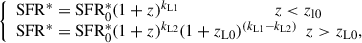 $$ \begin{aligned} {\left\{ \begin{array}{ll} \mathrm{SFR}^* = \mathrm{SFR}^*_{0} (1+z)^{k_{\rm L1}} \ \ \ \ \ \ \ \ \ \ \ \ \ \ \ \ \ \ \ \ \ \ \ z < z_{\rm l0}\\ \mathrm{SFR}^* = \mathrm{SFR}^*_{0} (1+z)^{k_{\rm L2}} (1+z_{\rm L0})^{(k_{\rm L1}-k_{\rm L2})}\ \ z > z_{\rm L0}, \end{array}\right.} \end{aligned} $$