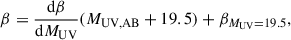$$ \begin{aligned} \beta = \frac{\mathrm{d}\beta }{\mathrm{d}M_{\rm UV}} (M_{\rm UV,AB} + 19.5) + \beta _{M_{\rm UV} = 19.5}, \end{aligned} $$