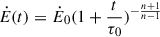 Mathematical equation: $ \dot{E}(t) = \dot{E}_0 ( 1+ \frac{t}{\tau_0})^{-\frac{n+1}{n-1}} $