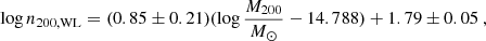 $$ \begin{aligned} \log n_{\rm 200,WL} = (0.85\pm 0.21) (\log \frac{M_{200}}{M_\odot } -14.788) +1.79\pm 0.05 \ , \end{aligned} $$