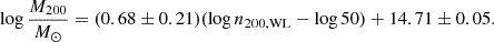 $$ \begin{aligned} \log \frac{M_{200}}{M_\odot } = (0.68\pm 0.21) (\log n_{\rm 200,WL} - \log 50) +14.71\pm 0.05. \end{aligned} $$