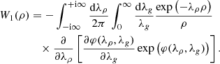 $$ \begin{aligned} W_1(\rho )&=- \int _{-\mathrm{i}\infty }^{+\mathrm{i}\infty } \frac{\mathrm{d}\lambda _\rho }{2\pi } \int _0^\infty \frac{\mathrm{d}\lambda _g}{\lambda _g} \frac{\exp \left(-\lambda _\rho \rho \right)}{\rho }\nonumber \\&\quad \times \frac{\partial }{\partial \lambda _\rho }\left[ \frac{\partial \varphi (\lambda _\rho ,\lambda _g)}{\partial \lambda _g} \exp \left( \varphi (\lambda _\rho ,\lambda _g) \right) \right]. \end{aligned} $$