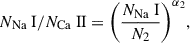 $$ \begin{aligned} {N_\text{Na} \text{ I}}/{N_\text{Ca} \text{ II}} = \Bigg (\frac{{N_\text{Na} \text{ I}}}{N_{2}}\Bigg )^{\alpha _{2}}, \end{aligned} $$