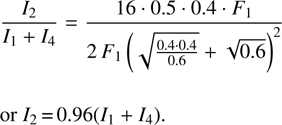 $\[\frac{I_2}{I_1+I_4}=\frac{16 \cdot 0.5 \cdot 0.4 \cdot F_1}{2 F_1\left(\sqrt{\frac{0.4 \cdot 0.4}{0.6}}+\sqrt{0.6}\right)^2}\]$