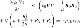 $$ \begin{aligned} \frac{\partial (\rho _0 \boldsymbol{V})}{\partial t} + \nabla \cdot \left( \rho _0 \boldsymbol{V} \boldsymbol{V} - \frac{1}{\mu } \boldsymbol{B}_0 \boldsymbol{B}_0 \right) \nonumber \\ +\, \nabla \left( p + \frac{B_0^2}{2\mu } + P_\mathrm{A} + P_\mathrm{k} \right) = -\rho _0 \boldsymbol{g}(\boldsymbol{z}), \end{aligned} $$