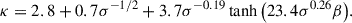 Mathematical equation: $$ \begin{aligned} \kappa = 2.8+0.7\sigma ^{-1/2}+3.7\sigma ^{-0.19}\tanh {\left(23.4\sigma ^{0.26}\beta \right)}. \end{aligned} $$