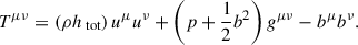 Mathematical equation: $$ \begin{aligned} T^{\mu \nu }=\left(\rho h_\text{ tot}\right)u^\mu u^\nu + \left(p+\frac{1}{2}b^2\right)g^{\mu \nu } - b^\mu b^\nu . \end{aligned} $$